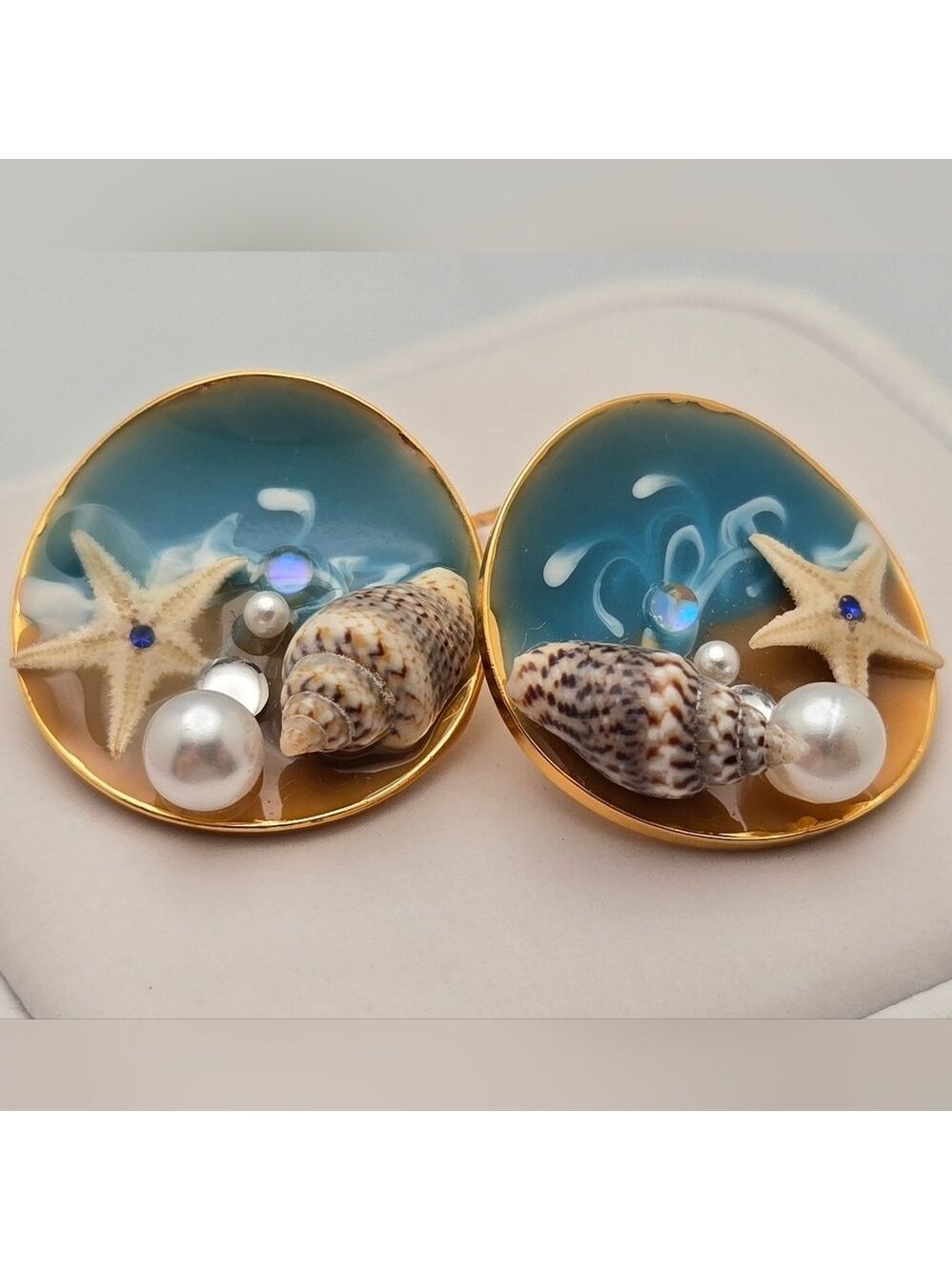 Ocean Starfish Enamel Earrings Handmade Artisan Gold Plated 925 Sterling Silver